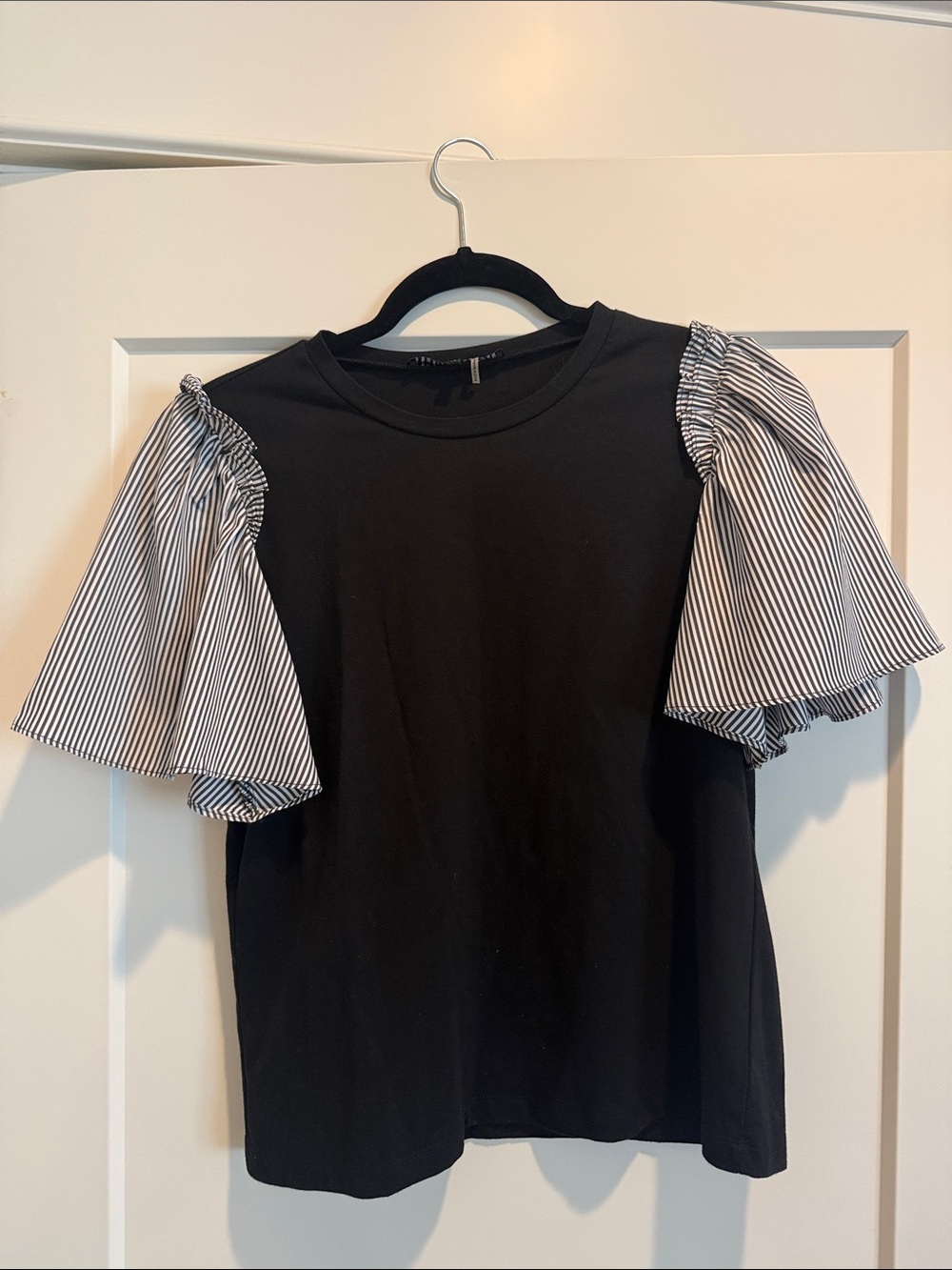 English Factory Black Tee with Striped Puff Sleeves